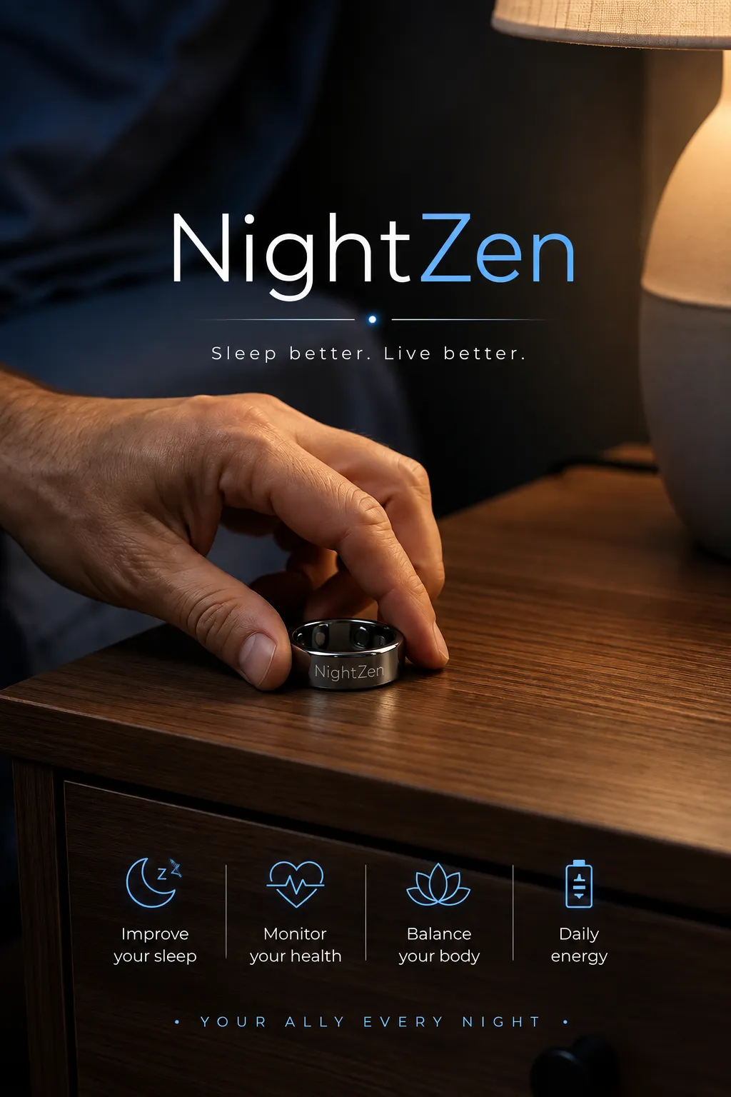 NightZen ring resting on a bedside table, picked up before sleep